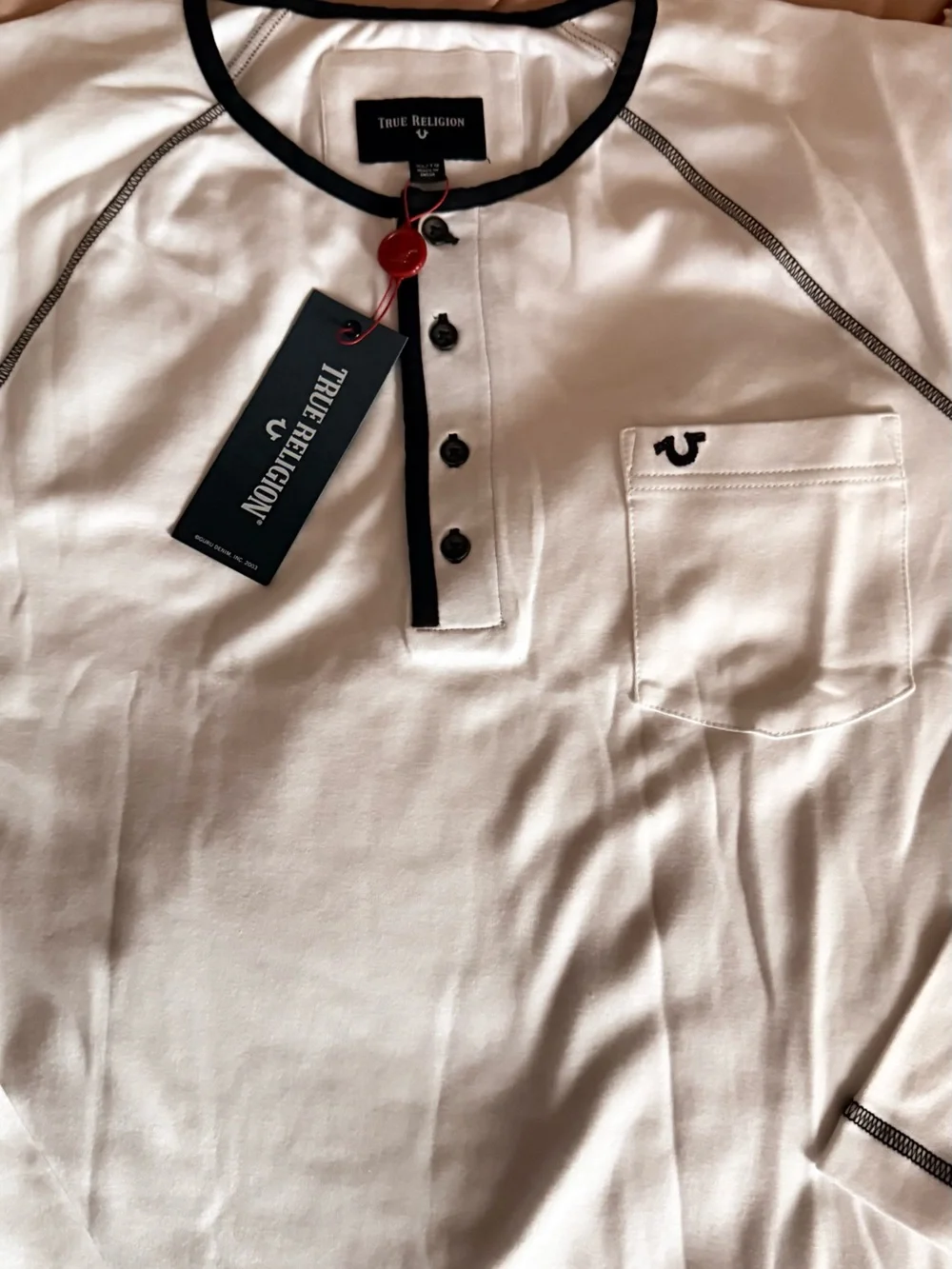True Religion White Long-Sleeve Henley with Black Contrast Trim